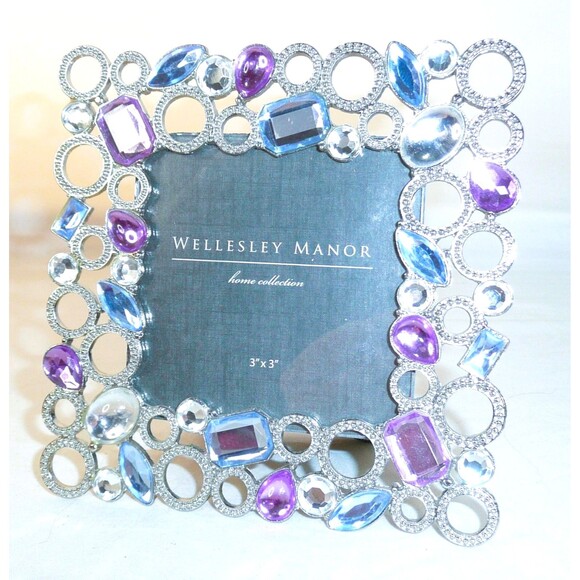 Wellesley Manor Blue Purple Jeweled Silver Rings 3x3 square Photo Frame Sparkle - Picture 3 of 5